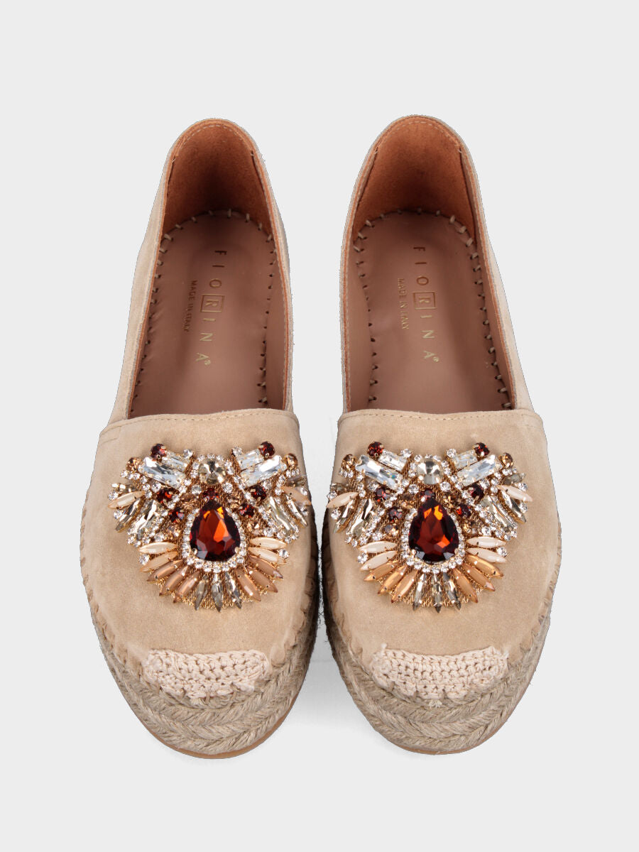 Espadrillas in camoscio beige con strass multicolor