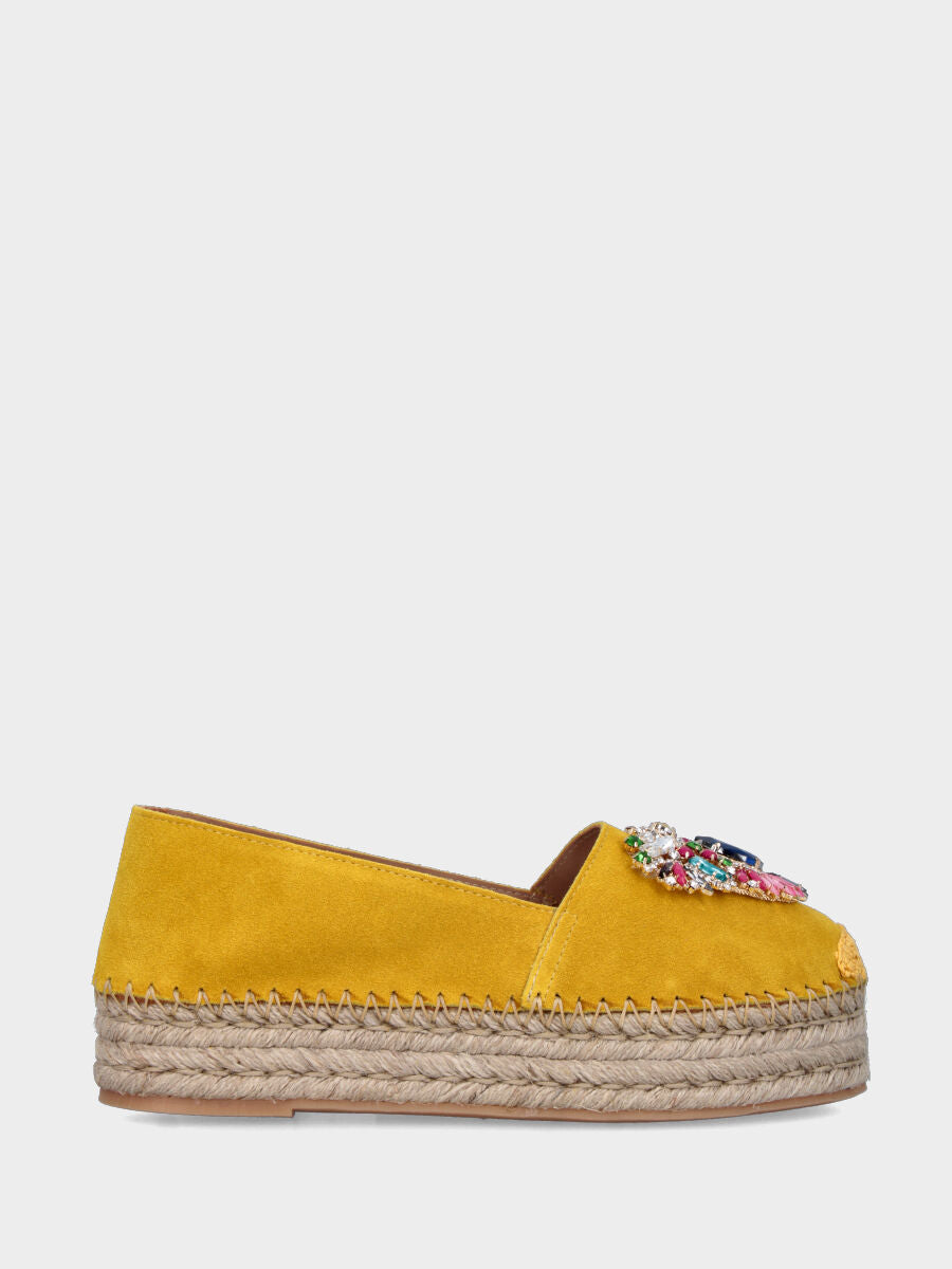 Espadrillas in camoscio giallo ocra con strass multicolor