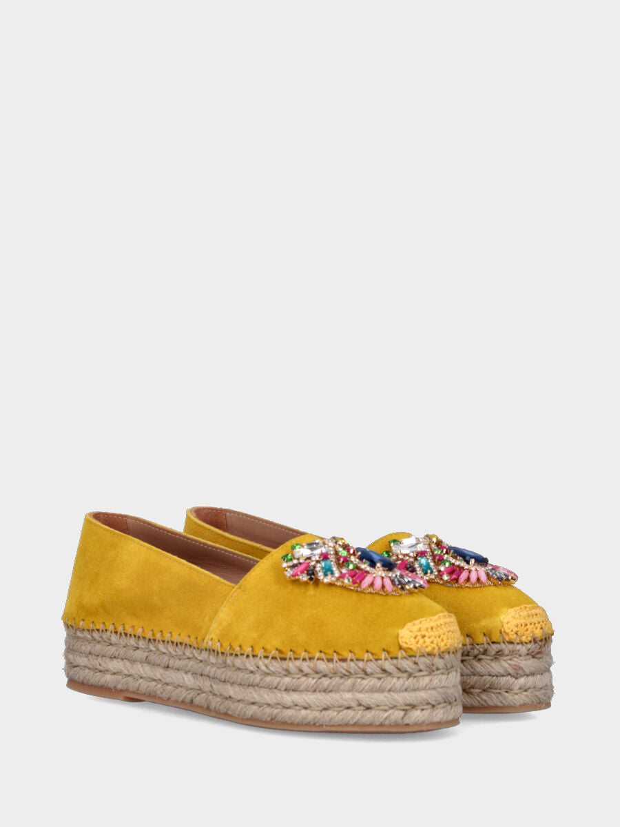 Espadrillas in camoscio giallo ocra con strass multicolor