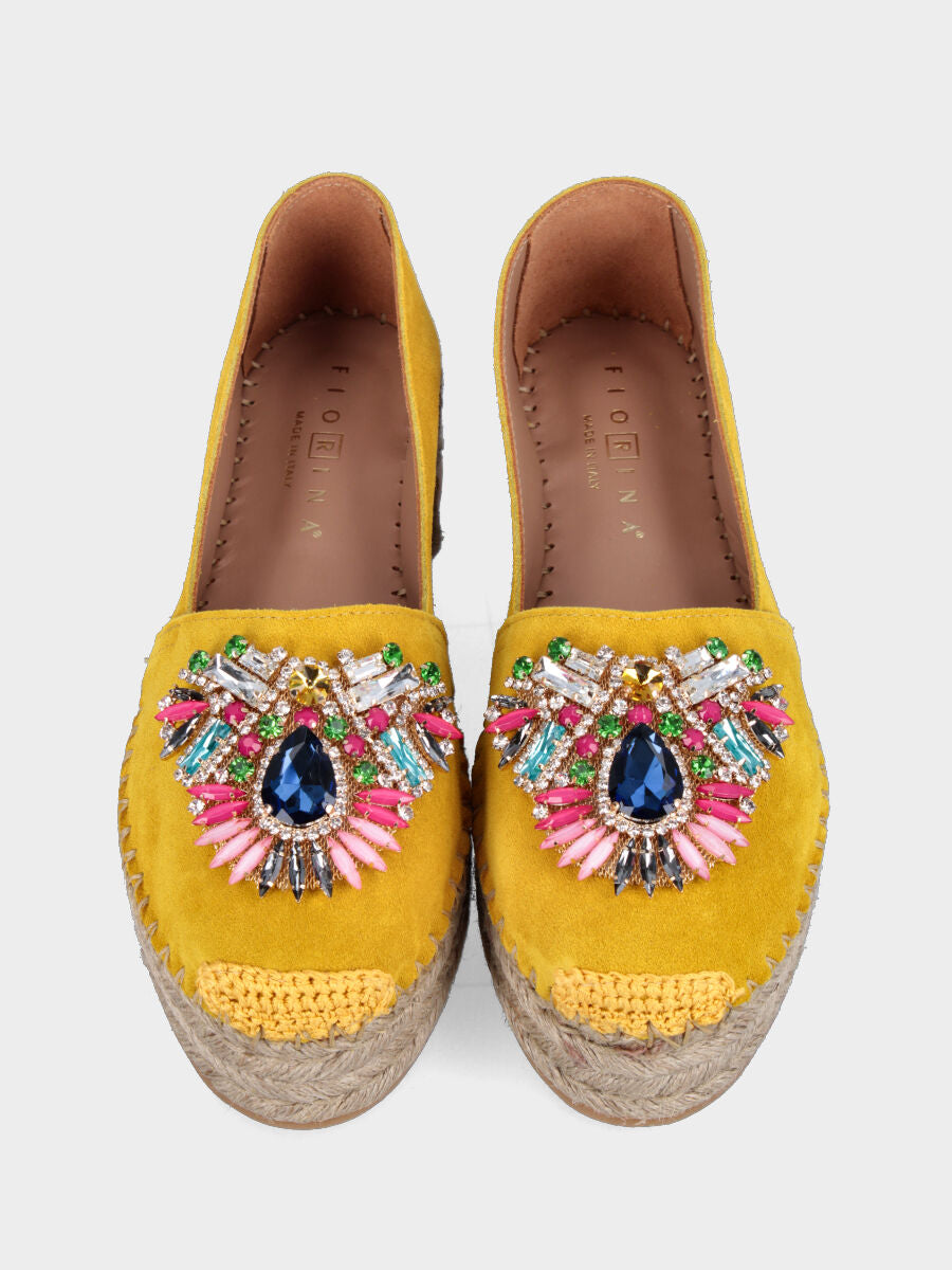 Espadrillas in camoscio giallo ocra con strass multicolor