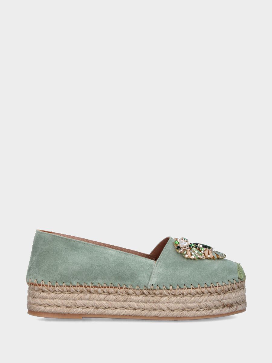 Espadrillas in camoscio verde salvia con strass multicolor