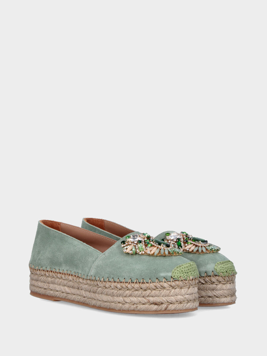 Espadrillas in camoscio verde salvia con strass multicolor