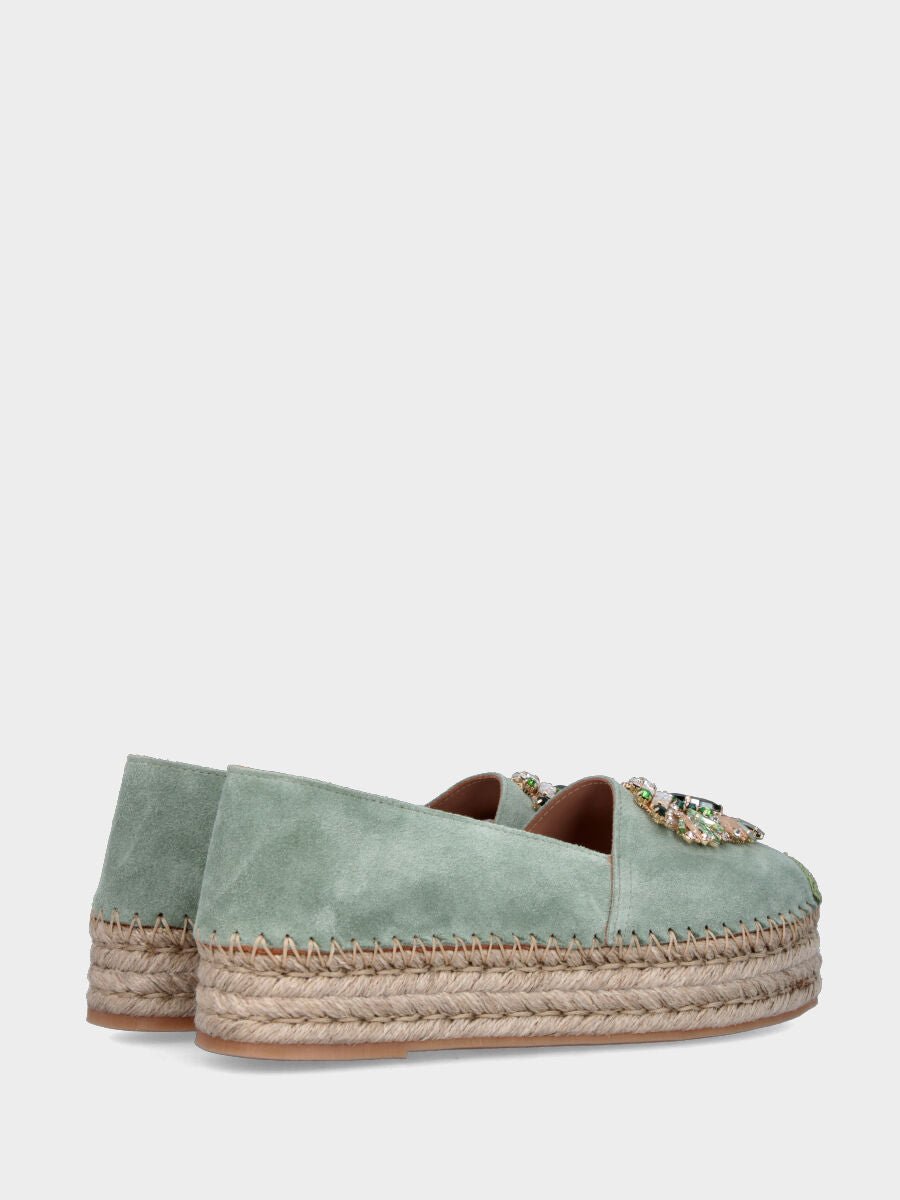 Espadrillas in camoscio verde salvia con strass multicolor