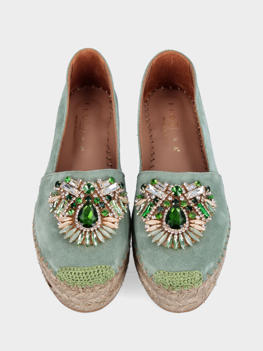 Espadrillas in camoscio verde salvia con strass multicolor