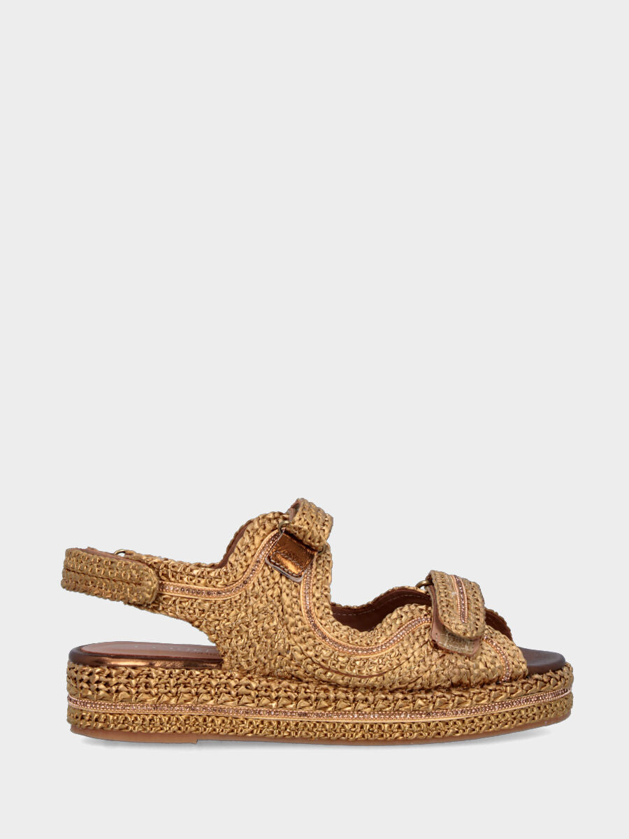 Sandalo platform in rafia marrone con cinturini intrecciati