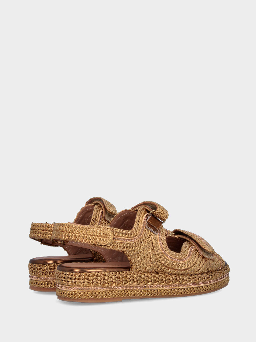 Sandalo platform in rafia marrone con cinturini intrecciati