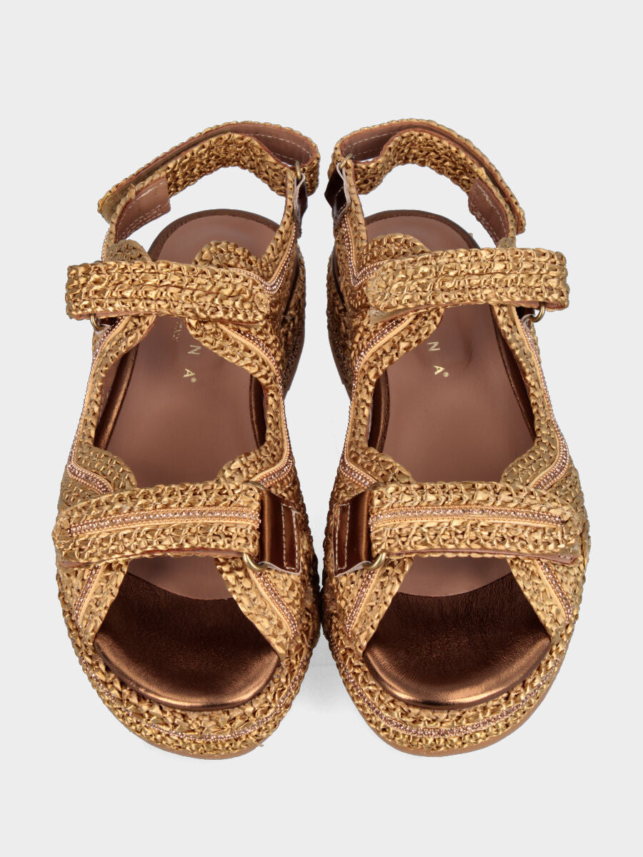 Sandalo platform in rafia marrone con cinturini intrecciati