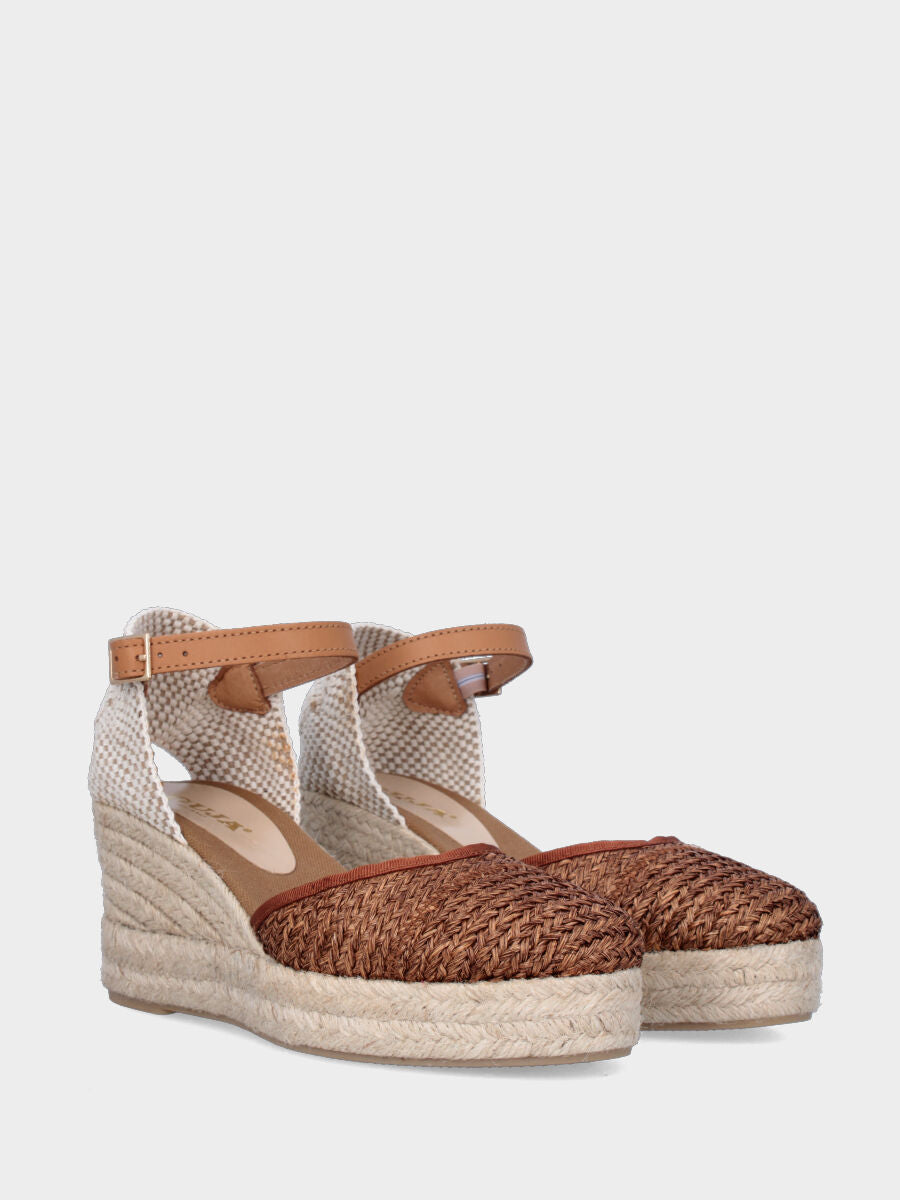 Campesina in rafia color cuoio con zeppa e platform