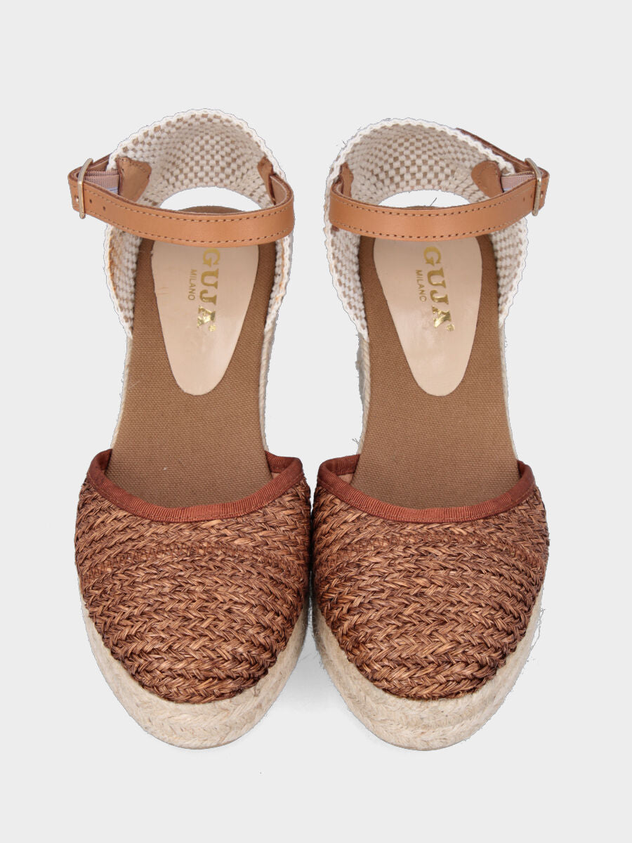 Campesina in rafia color cuoio con zeppa e platform