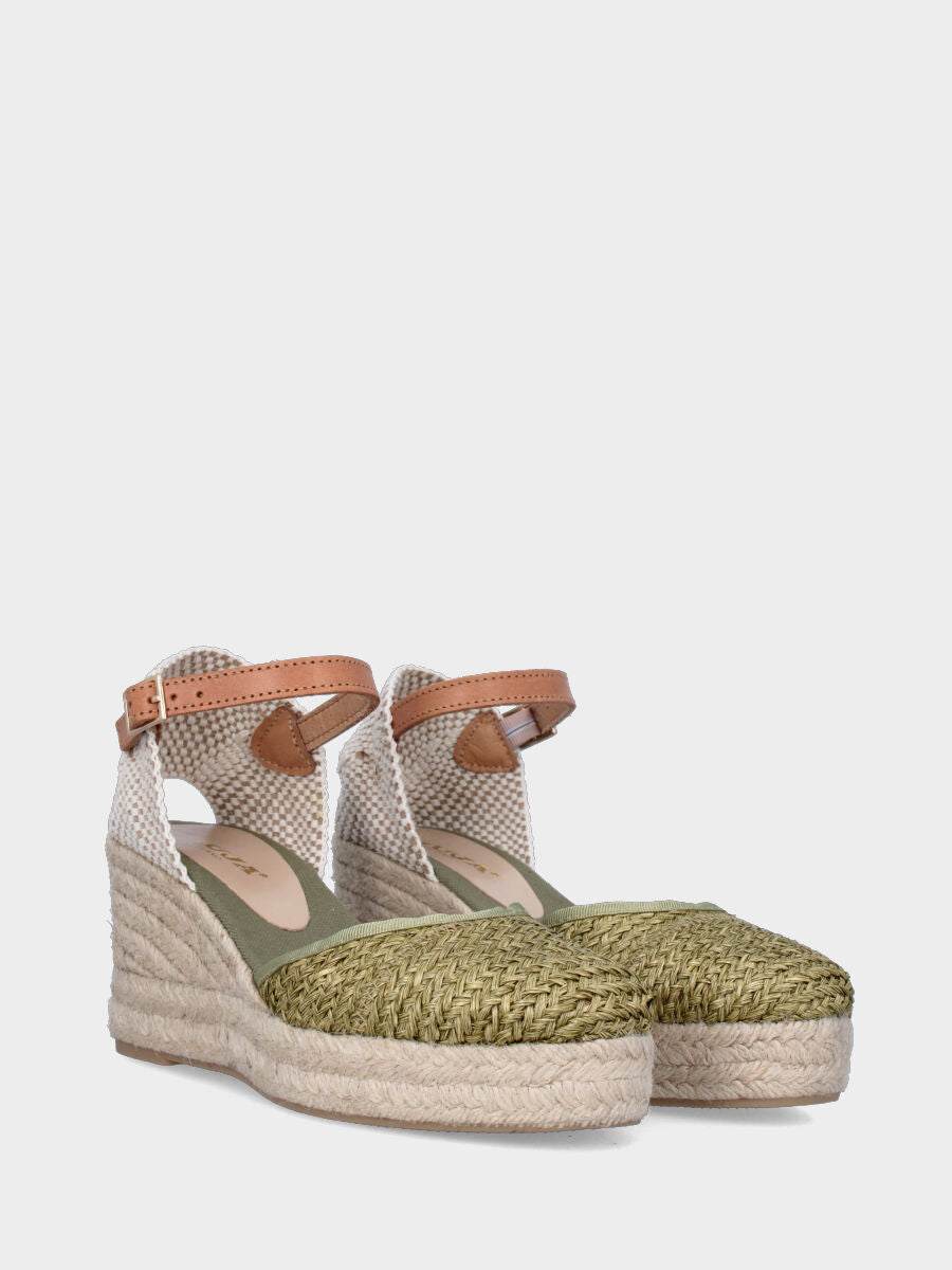 Campesina in rafia verde con zeppa e platform
