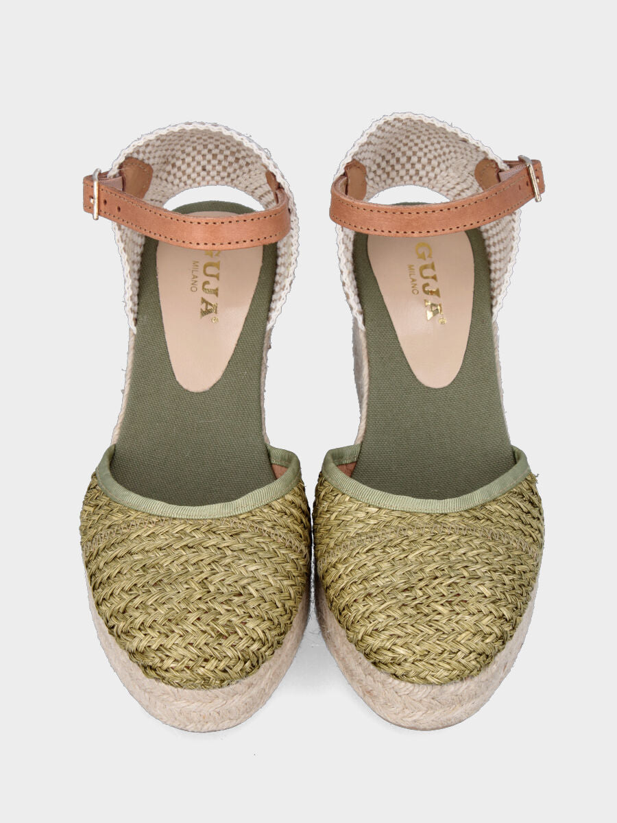 Campesina in rafia verde con zeppa e platform