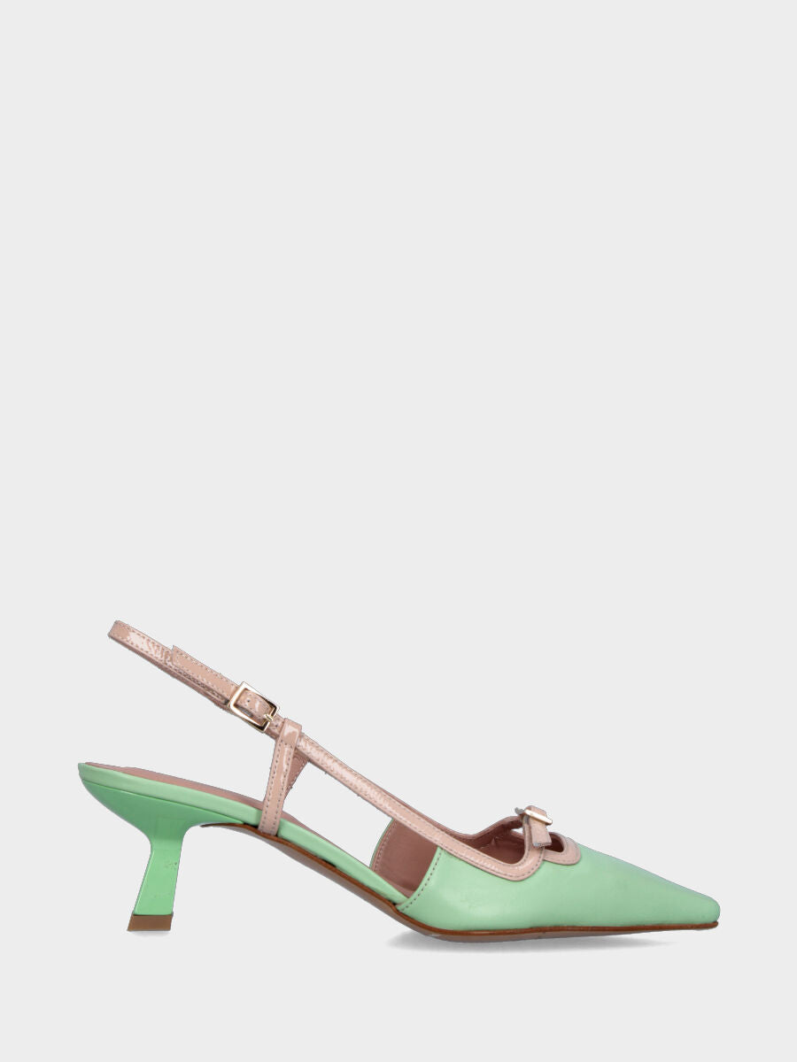 Slingback in nappa verde menta con cinturino beige e tacco a calice