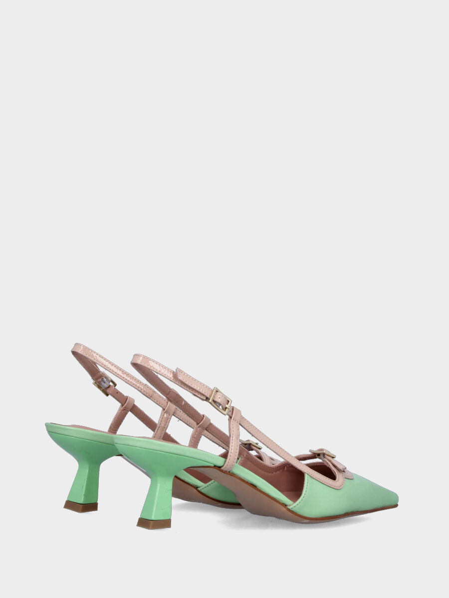 Slingback in nappa verde menta con cinturino beige e tacco a calice