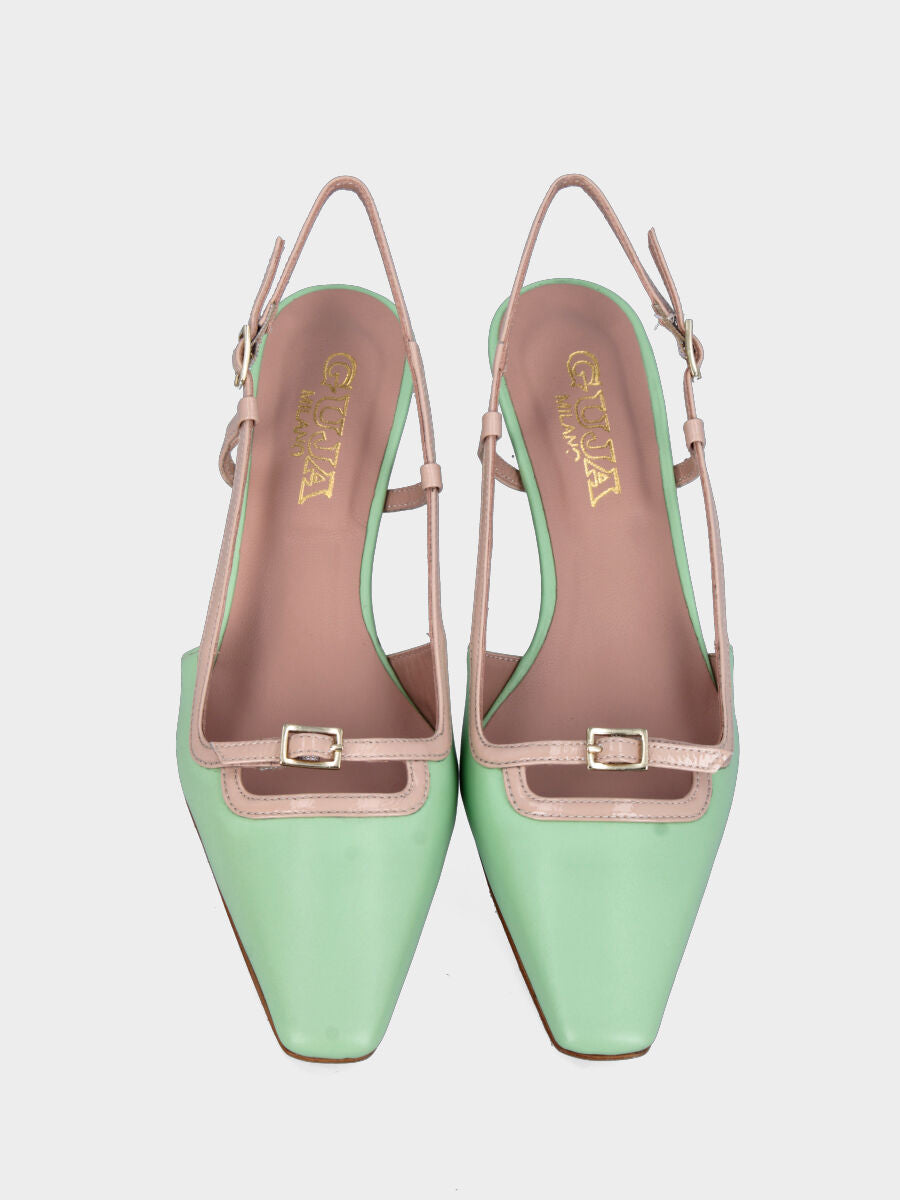 Slingback in nappa verde menta con cinturino beige e tacco a calice