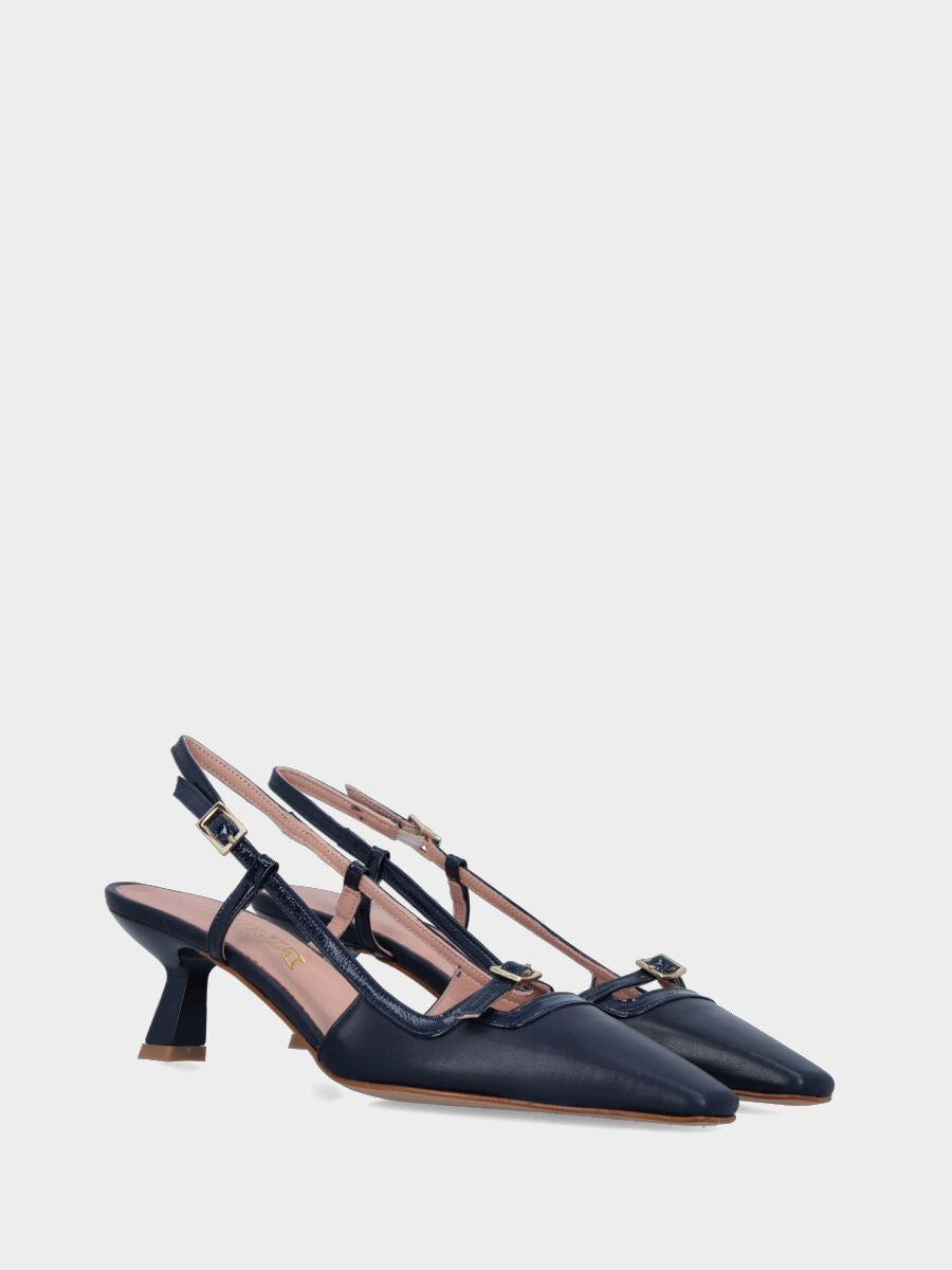 Slingback in nappa blu con cinturino e tacco a calice