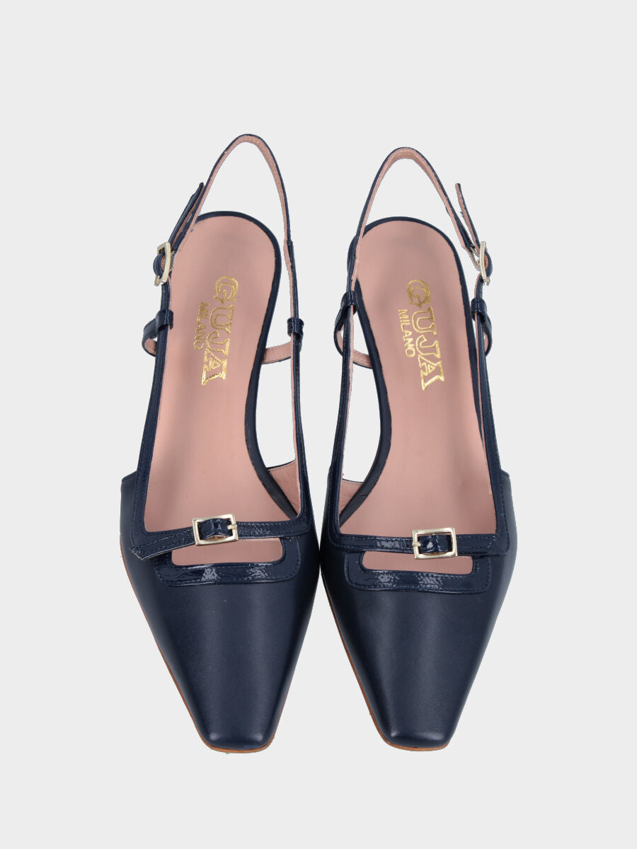 Slingback in nappa blu con cinturino e tacco a calice