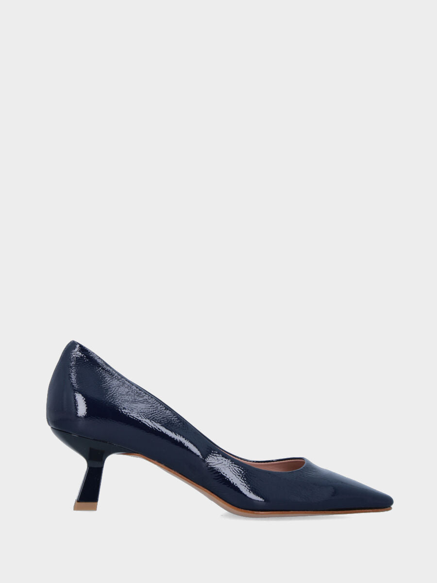 Décolleté in vernice blu con punta quadrata e tacco a calice
