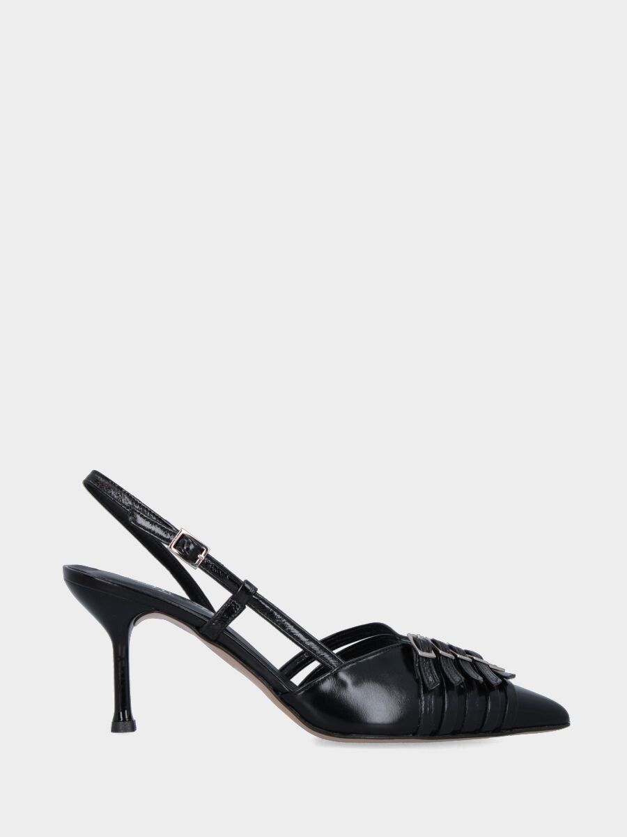 Slingback in vernice nera con cinturini sullo scollo