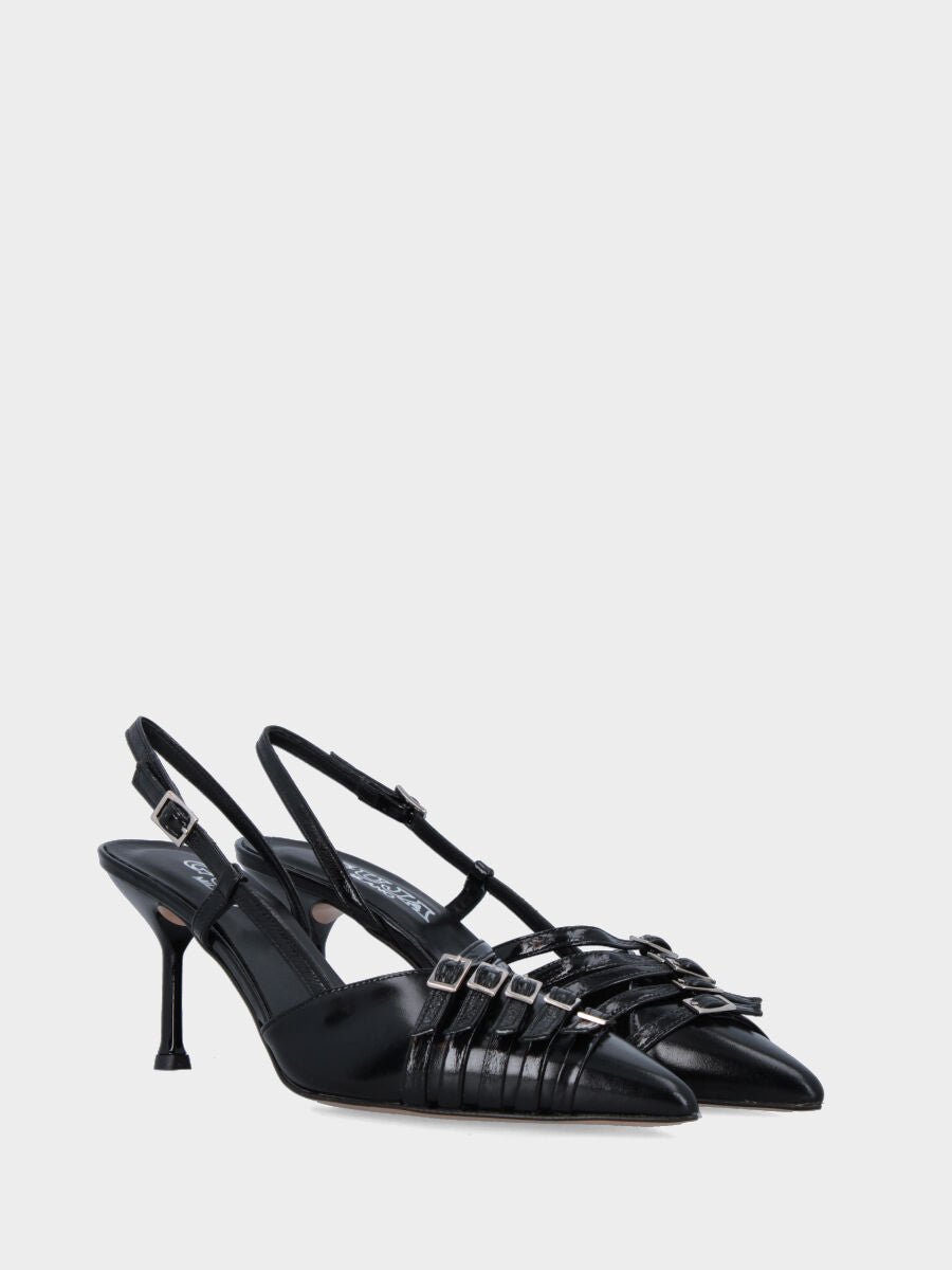 Slingback in vernice nera con cinturini sullo scollo