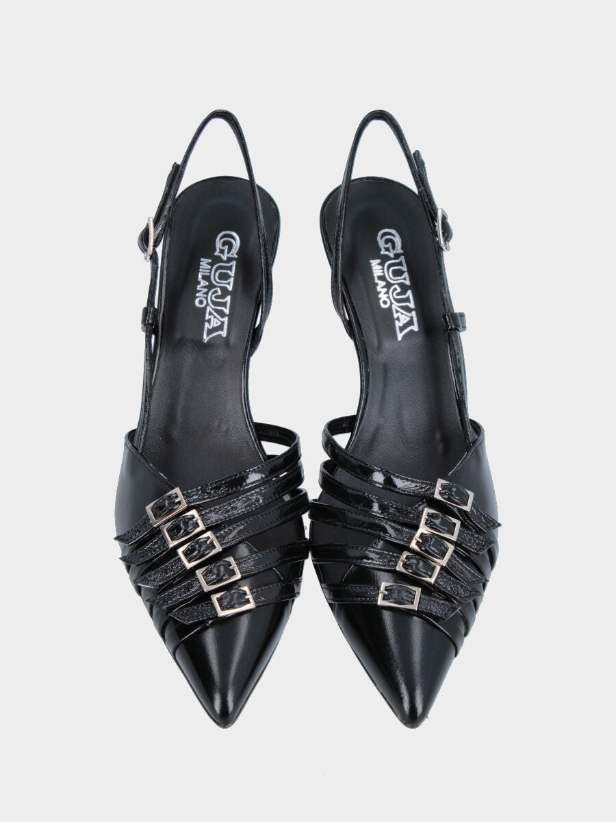 Slingback in vernice nera con cinturini sullo scollo