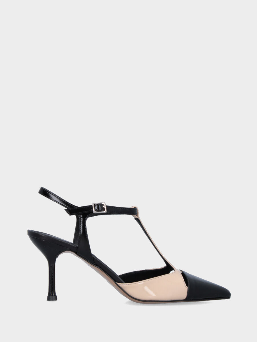 Slingback in vernice nera e beige con listino a T e tacco a calice