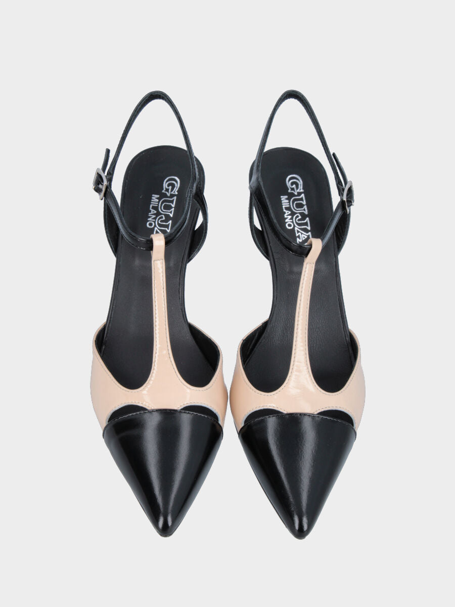Slingback in vernice nera e beige con listino a T e tacco a calice