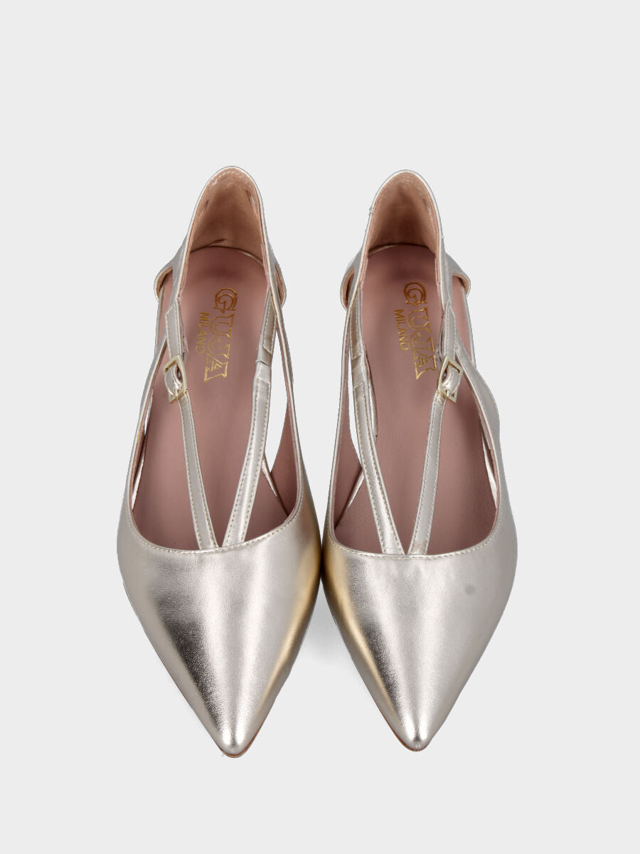 Décolleté in laminato platino con cinturini a V