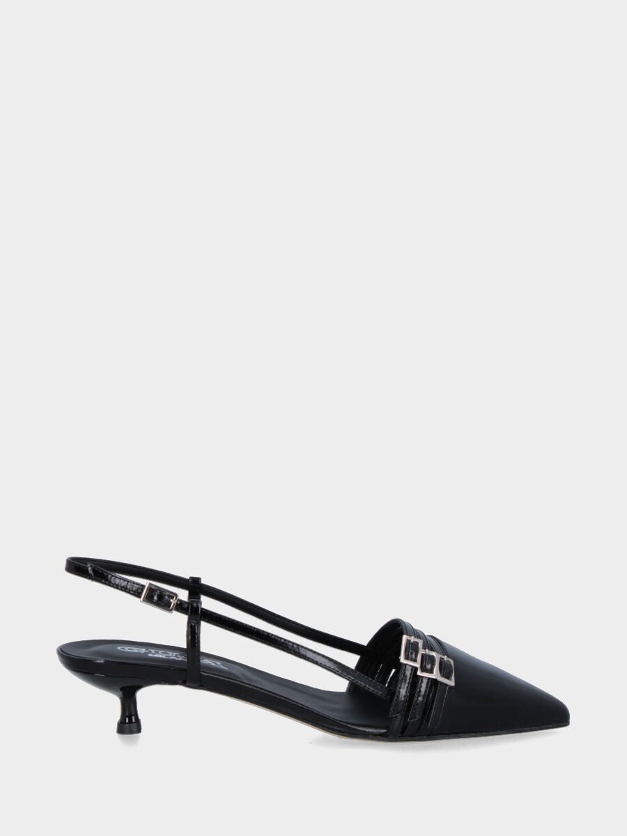 Slingback in verlux nero con tre cinturini e tacco a calice