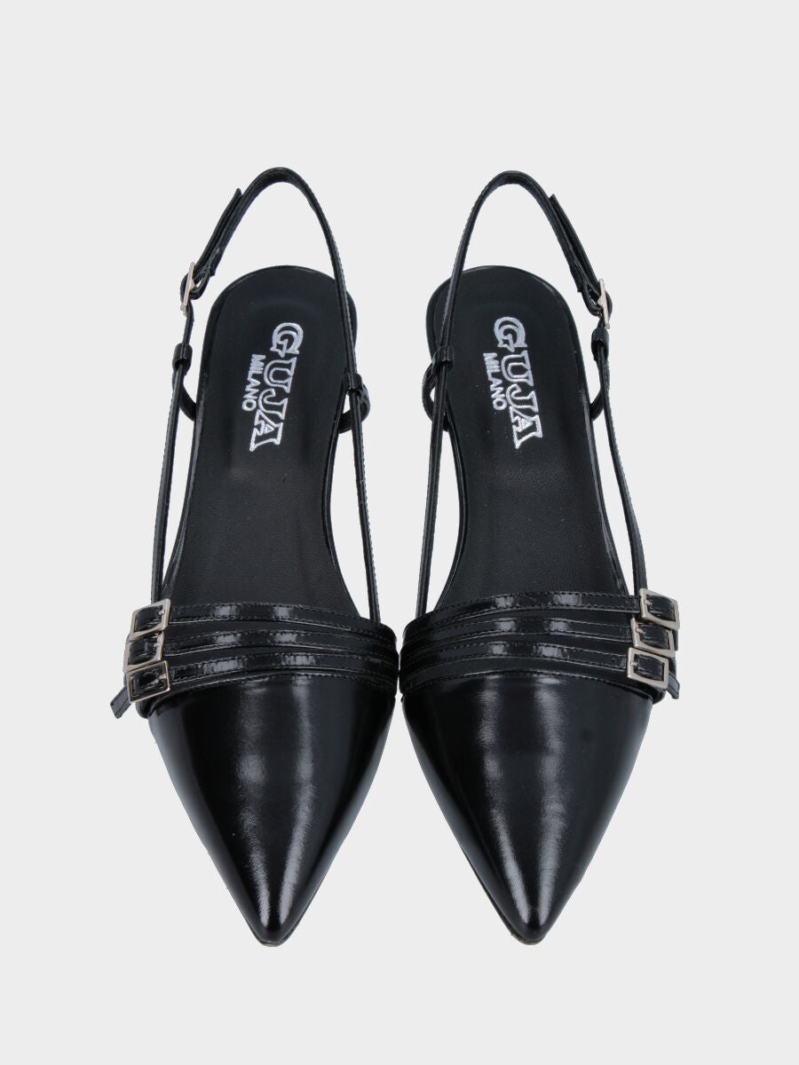 Slingback in verlux nero con tre cinturini e tacco a calice