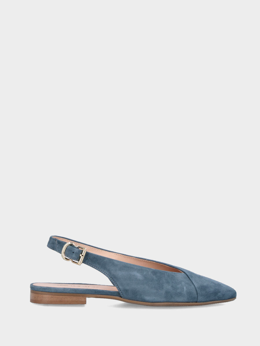 Slingback in camoscio color jeans con tomaia a ventaglio