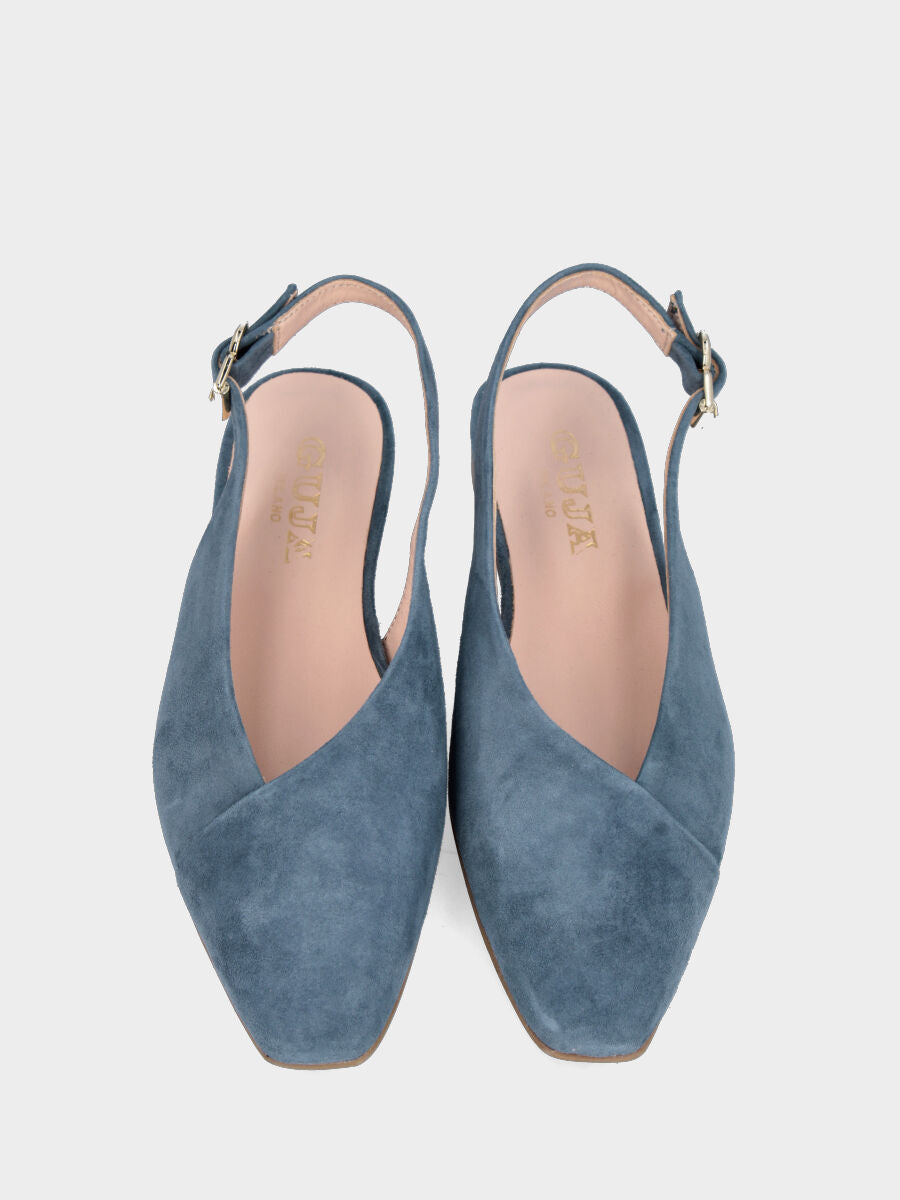 Slingback in camoscio color jeans con tomaia a ventaglio