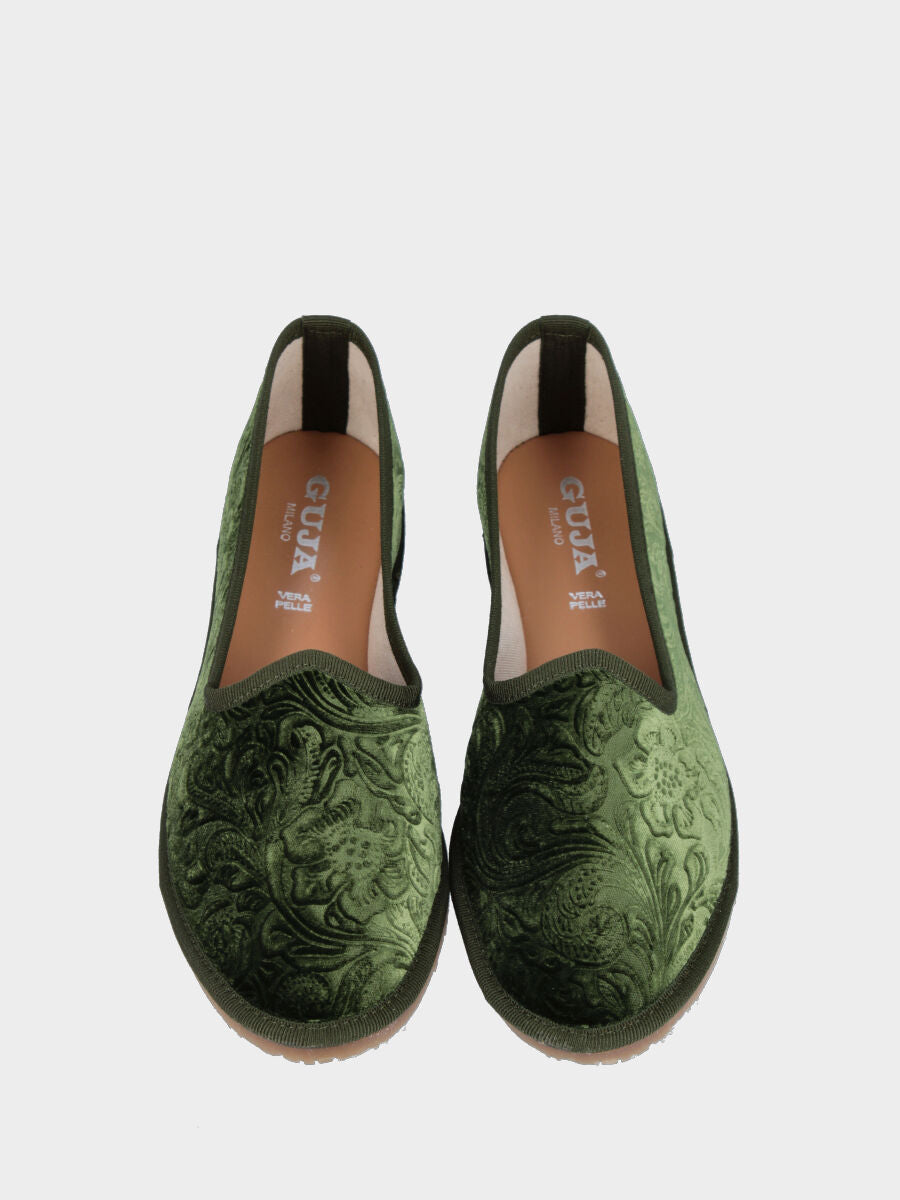 Friulana in velluto broccato verde muschio con punta tonda