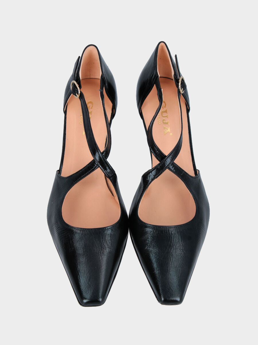 Slingback in verlux nero con cinturini incrociati e punta quadratina