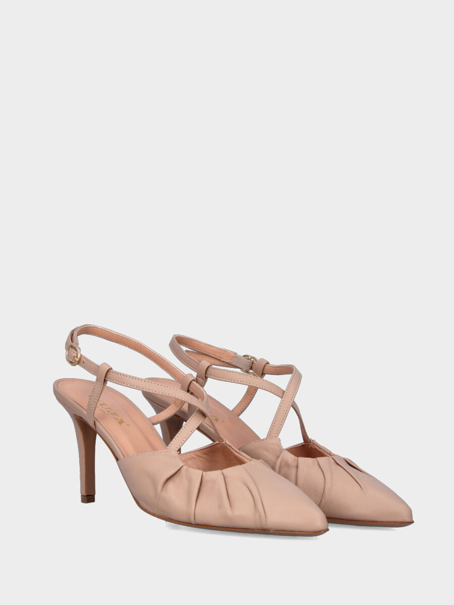 Slingback in nappa nude con piegature e cinturini incrociati