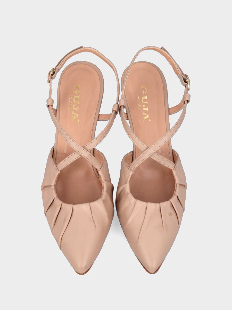Slingback in nappa nude con piegature e cinturini incrociati