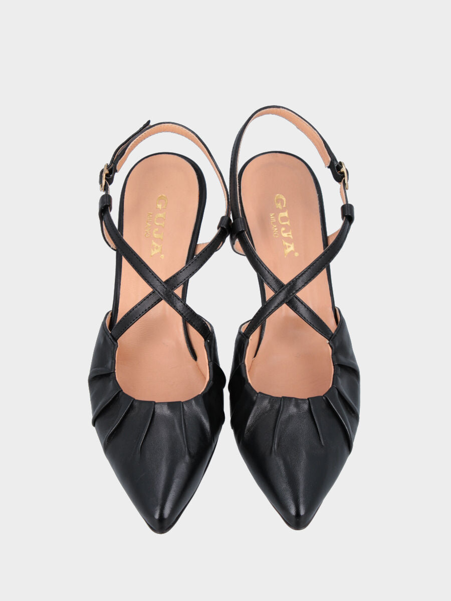 Slingback in nappa nera con piegature e cinturini incrociati