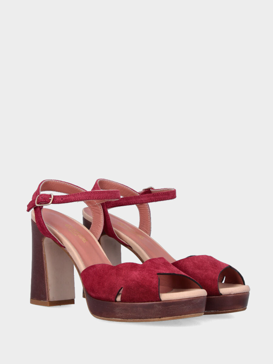 Sandalo in velour bordeaux con plateau e cinturino