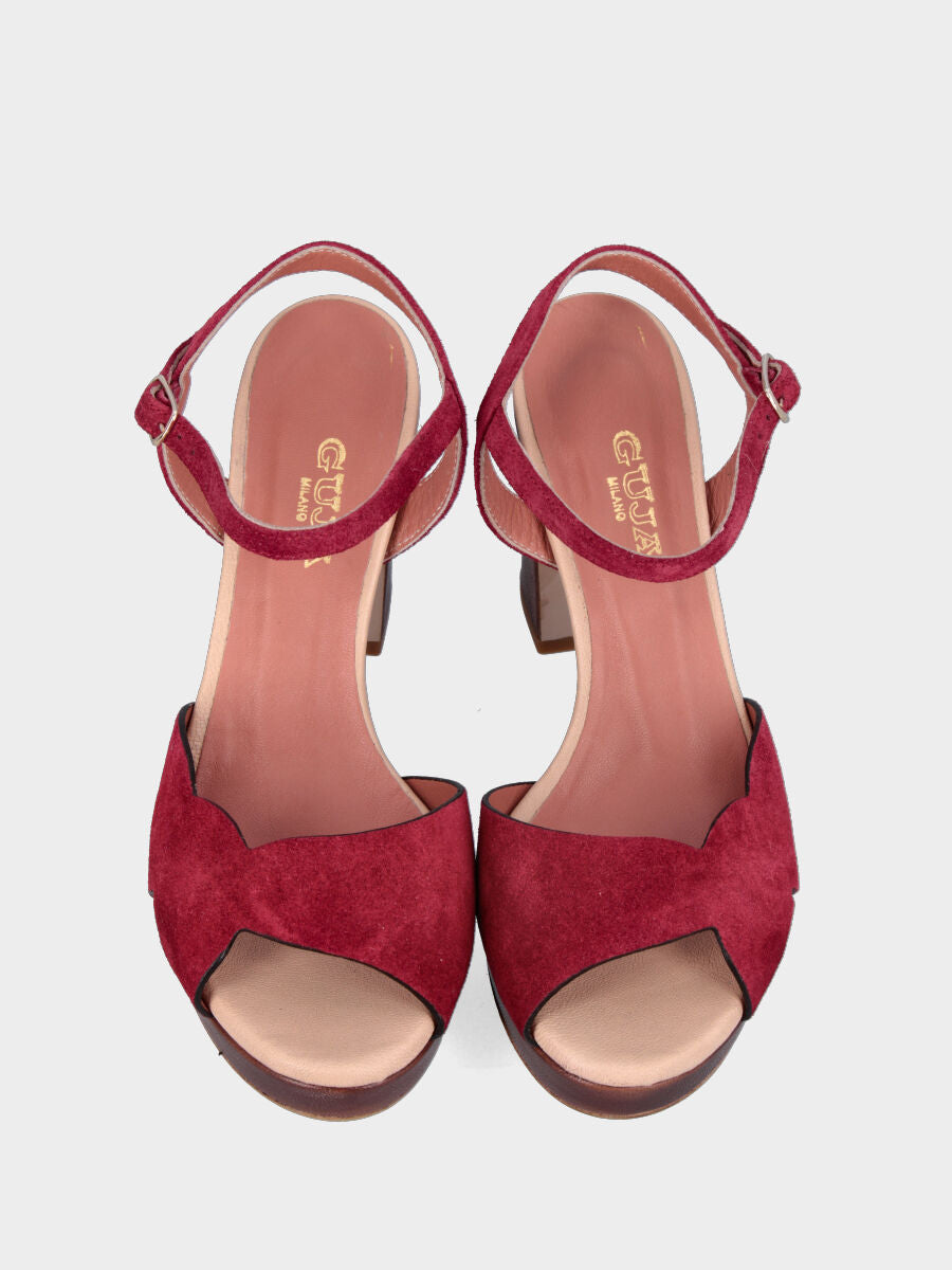 Sandalo in velour bordeaux con plateau e cinturino