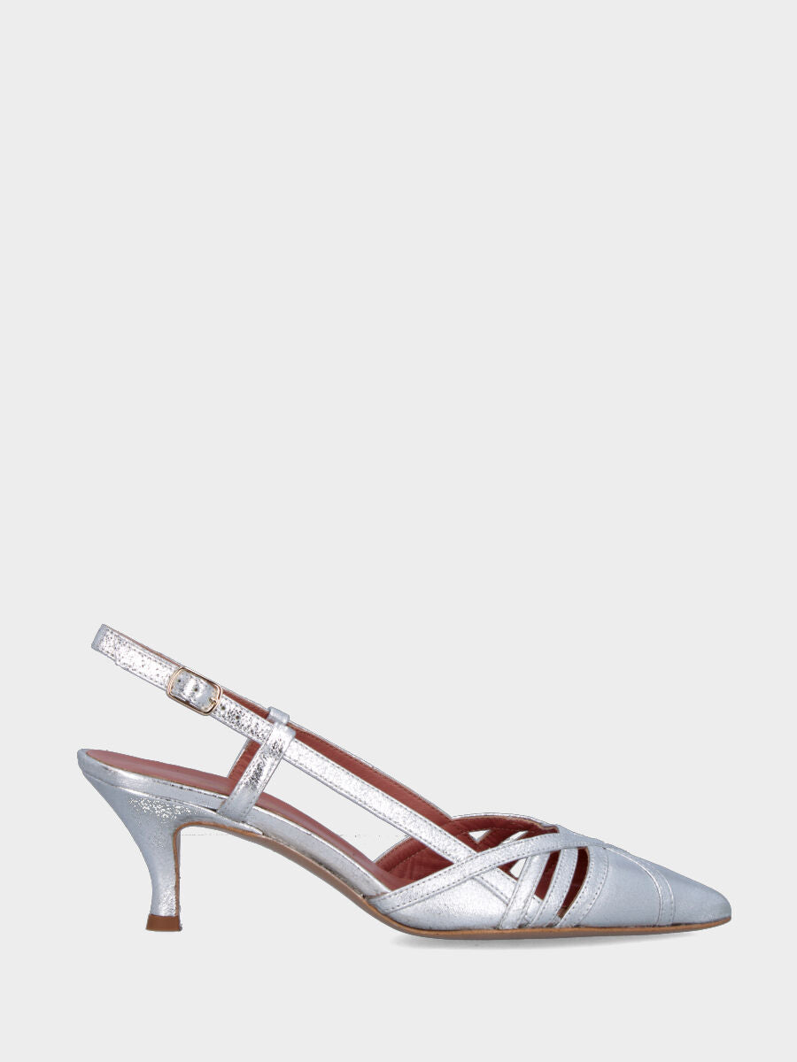 Slingback in laminato argento con listini incrociati e tacco a calice