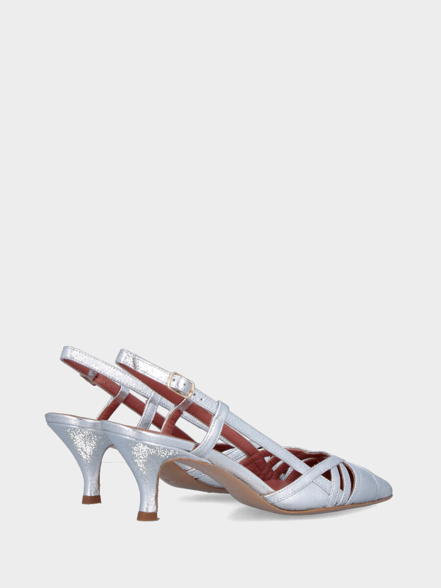 Slingback in laminato argento con listini incrociati e tacco a calice