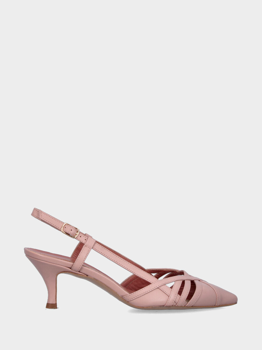 Slingback in nappa beige con listini incrociati e tacco a calice