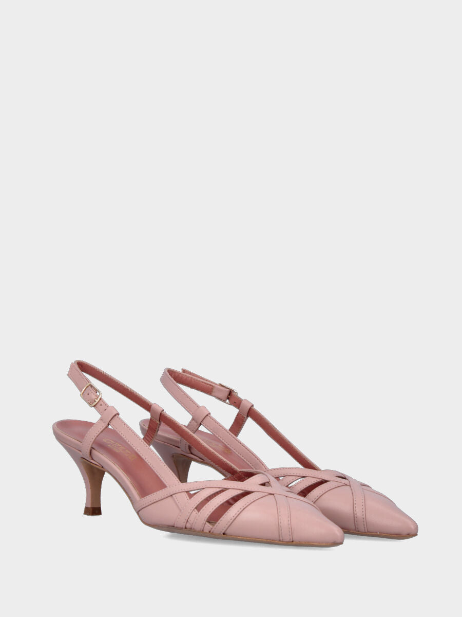 Slingback in nappa beige con listini incrociati e tacco a calice