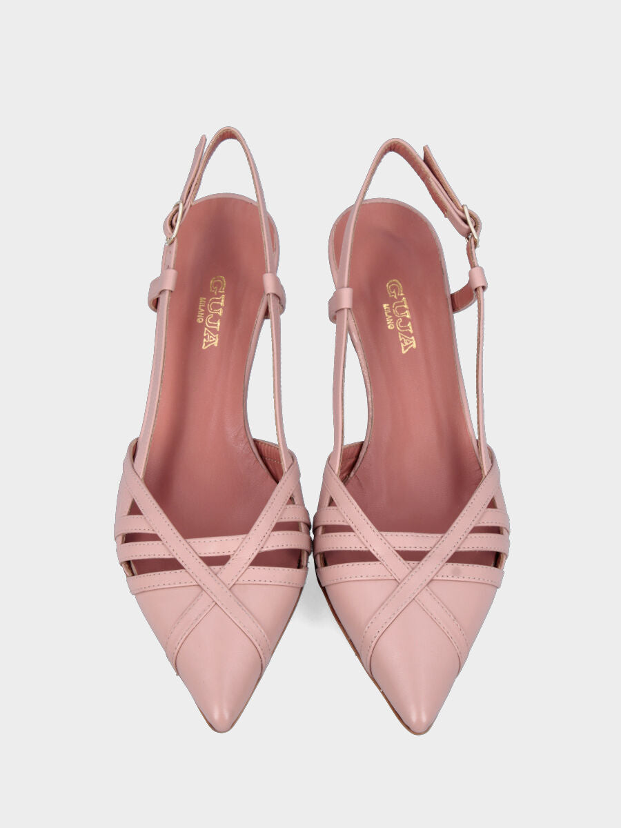 Slingback in nappa beige con listini incrociati e tacco a calice