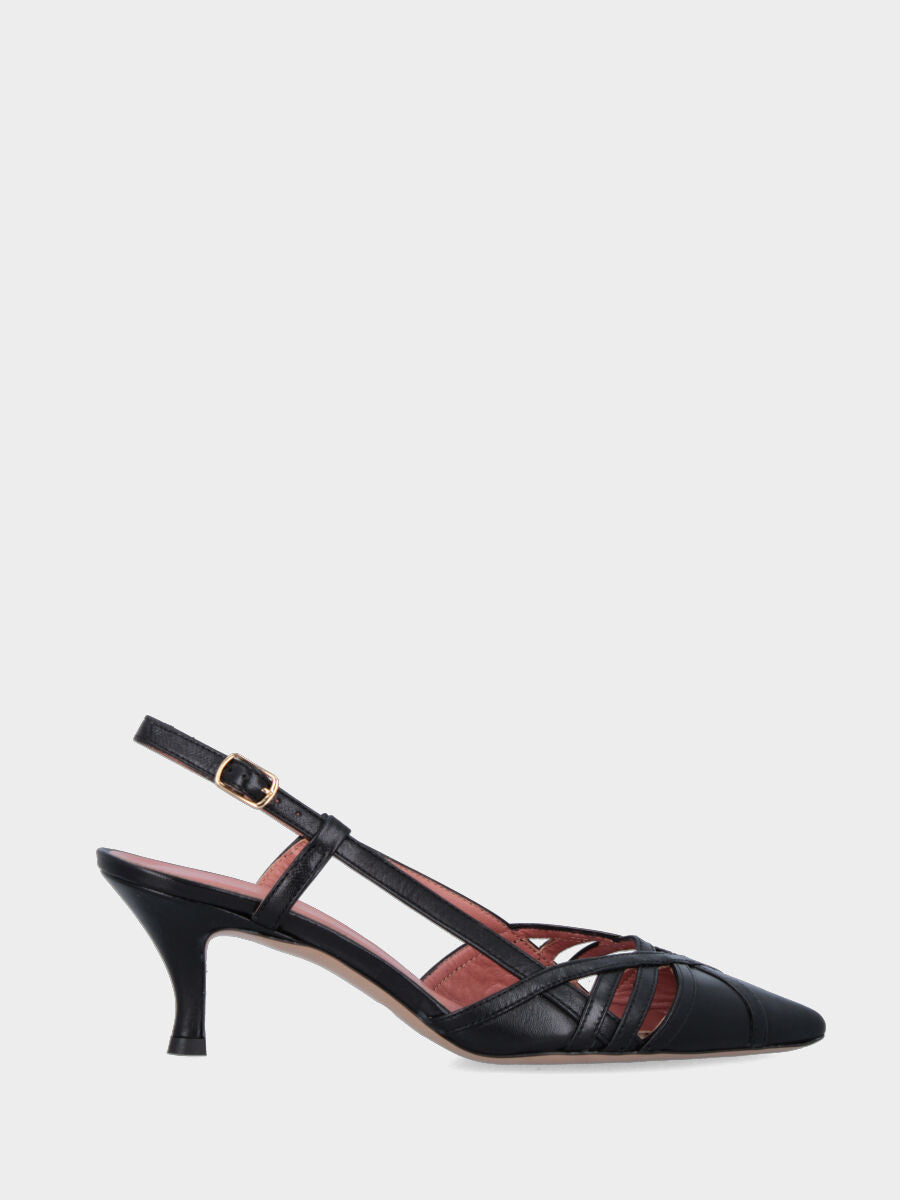 Slingback in nappa nera con listini incrociati e tacco a calice