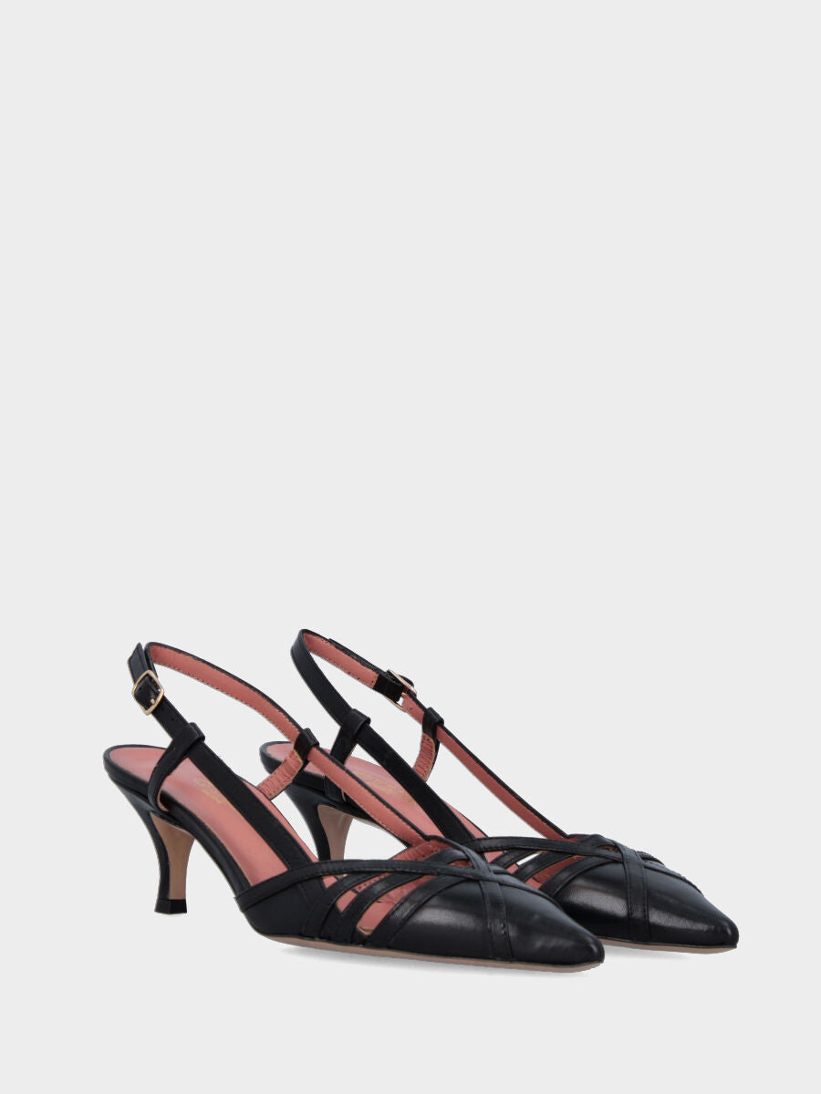 Slingback in nappa nera con listini incrociati e tacco a calice