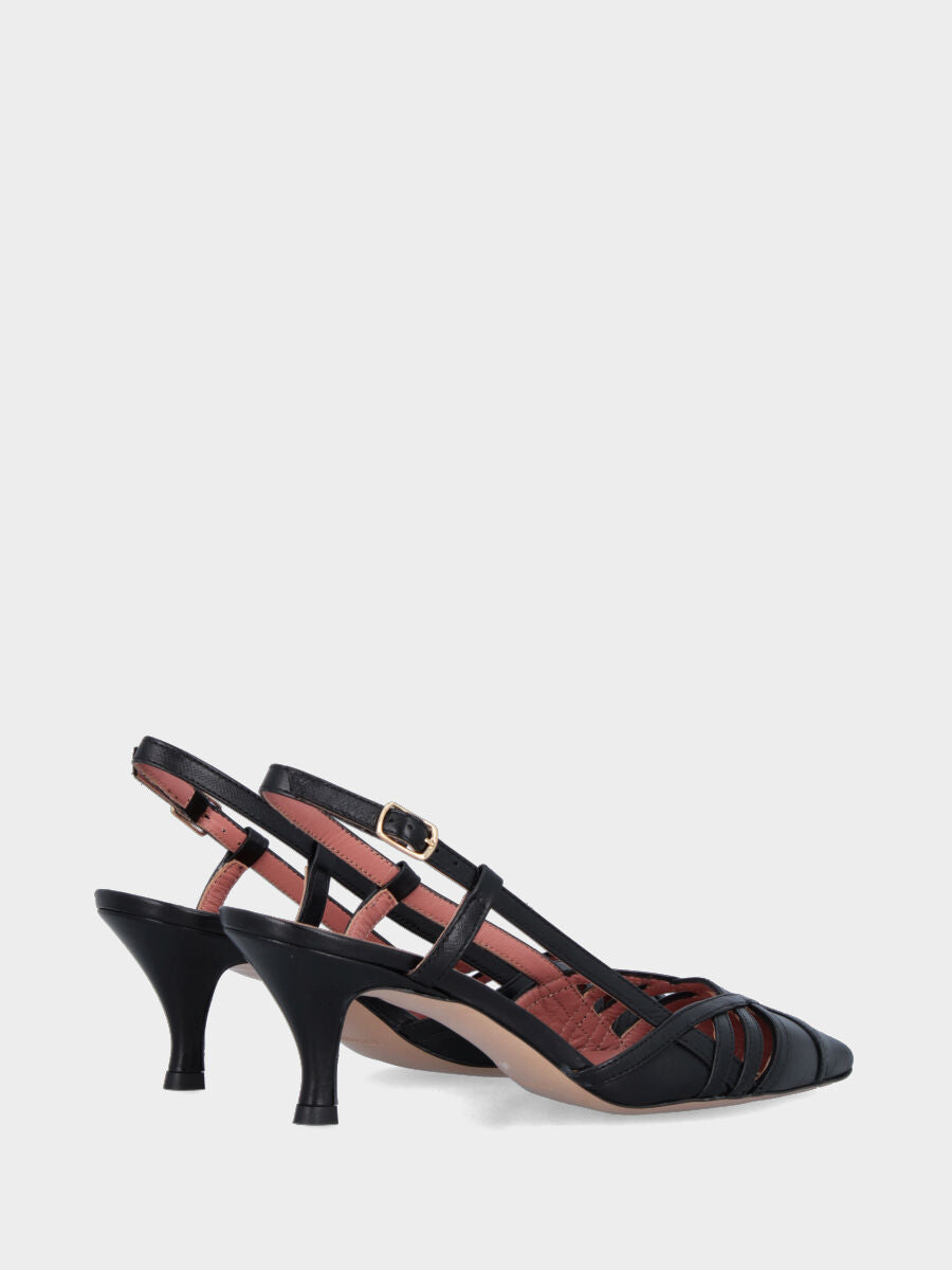 Slingback in nappa nera con listini incrociati e tacco a calice
