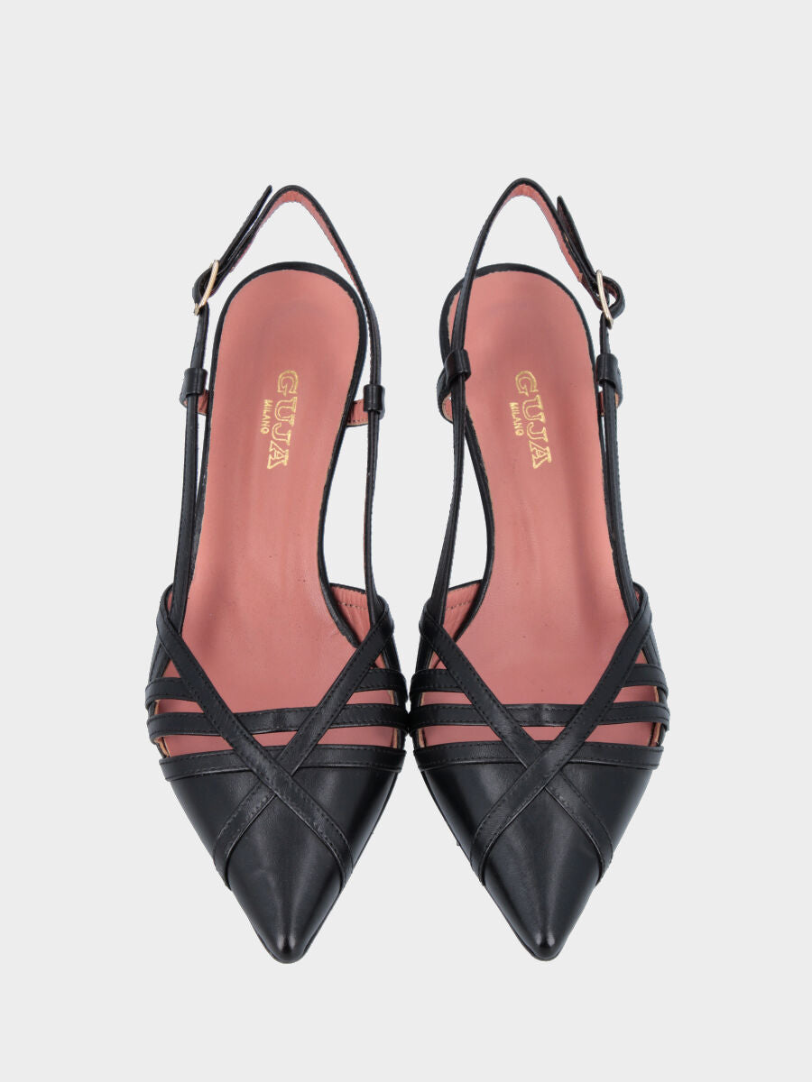 Slingback in nappa nera con listini incrociati e tacco a calice