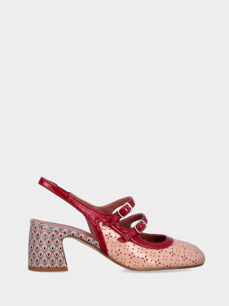 Slingback in naplak color nude con cinturini rossi e punta tonda