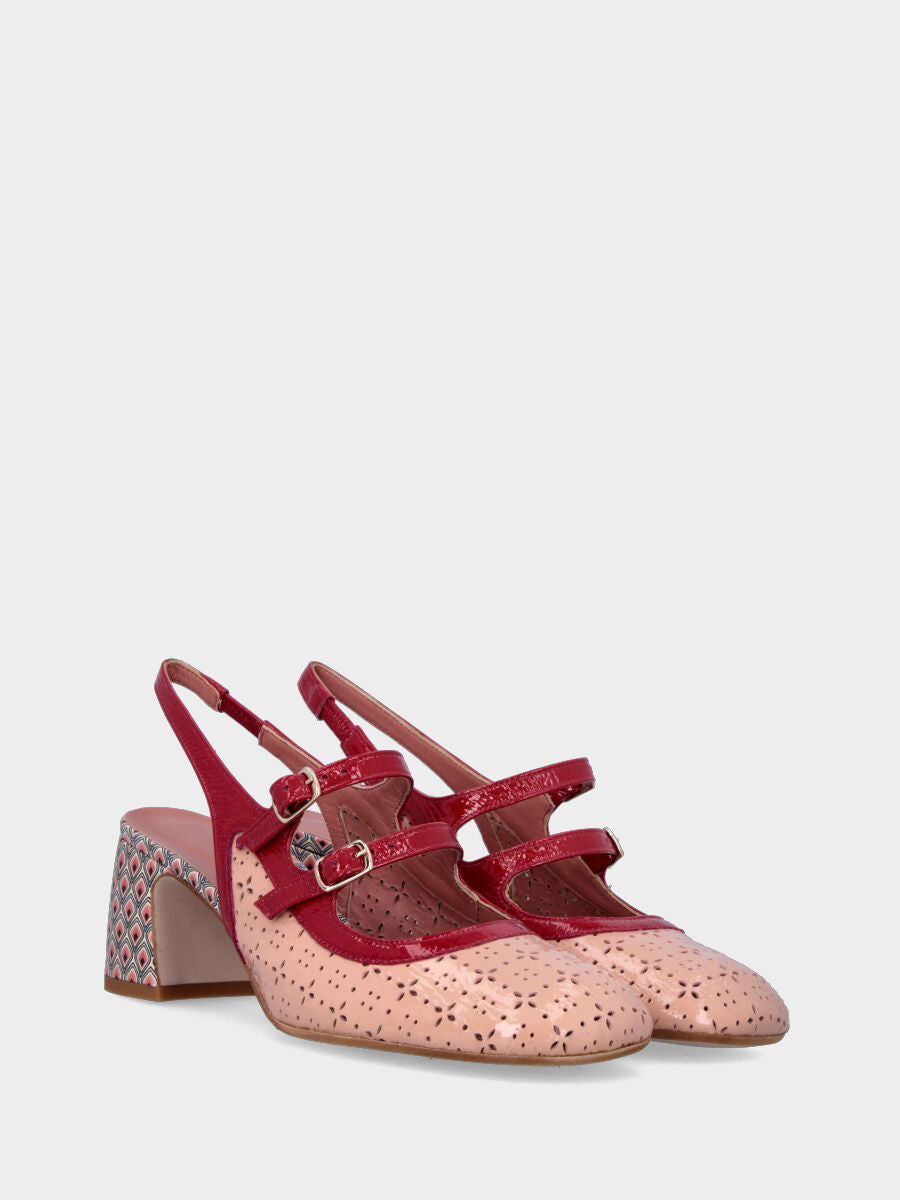 Slingback in naplak color nude con cinturini rossi e punta tonda