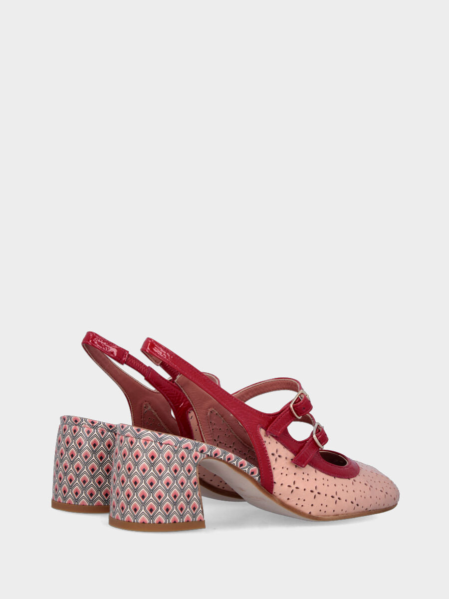 Slingback in naplak color nude con cinturini rossi e punta tonda